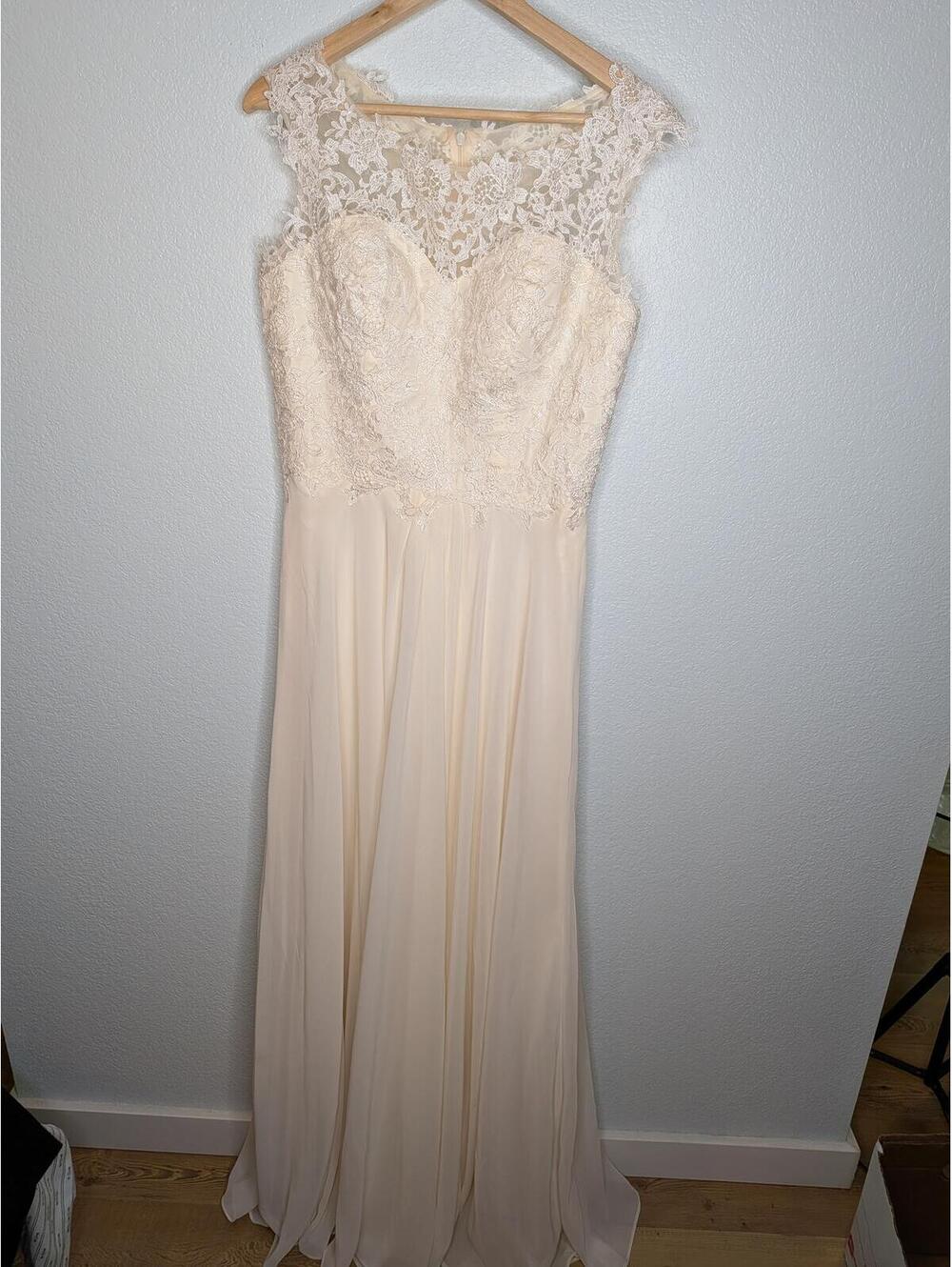 HEBEOS Ivory Lace Chiffon Formal Gown Wedding Dress Size 10/12